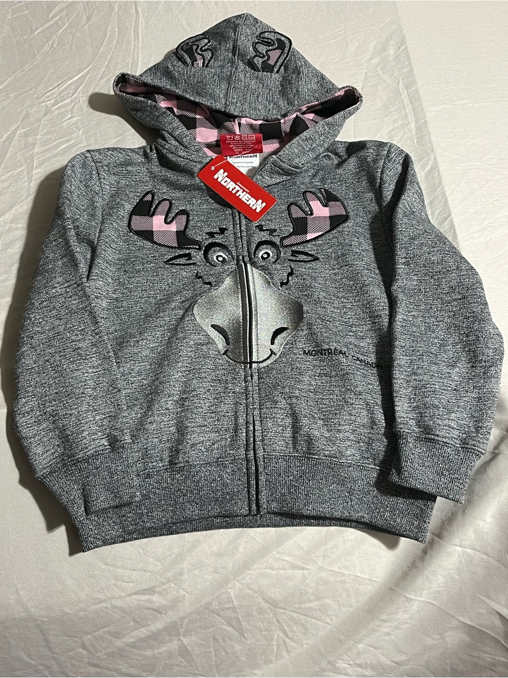 Kids' Grey Moose Zip Hoodie with Pink Plaid Accents Montreal Canada Size 8 NWT